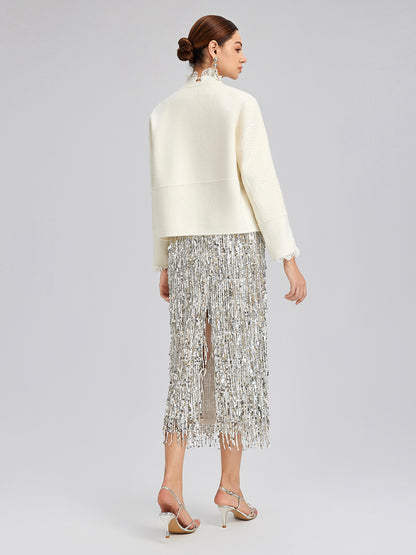Wool Sequin-Embroidered Round Neckline Jacket (100% Wool)