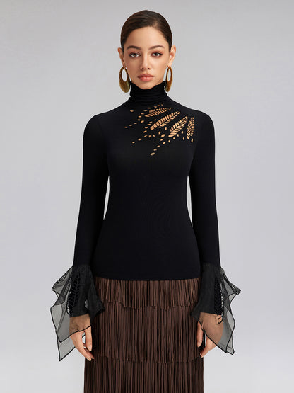 Cutout Stretch Mesh-Dotted Top