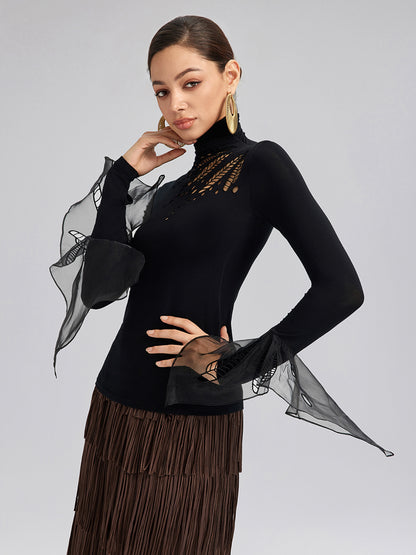 Cutout Stretch Mesh-Dotted Top