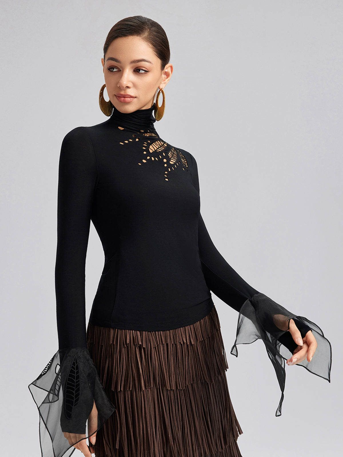 Cutout Stretch Mesh-Dotted Top