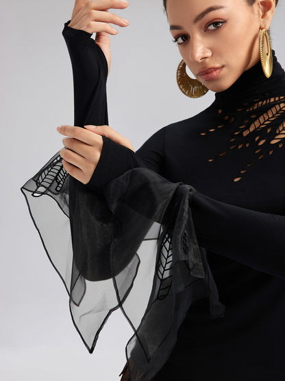 Cutout Stretch Mesh-Dotted Top