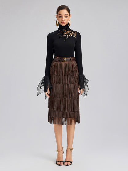 Cutout Stretch Mesh-Dotted Top