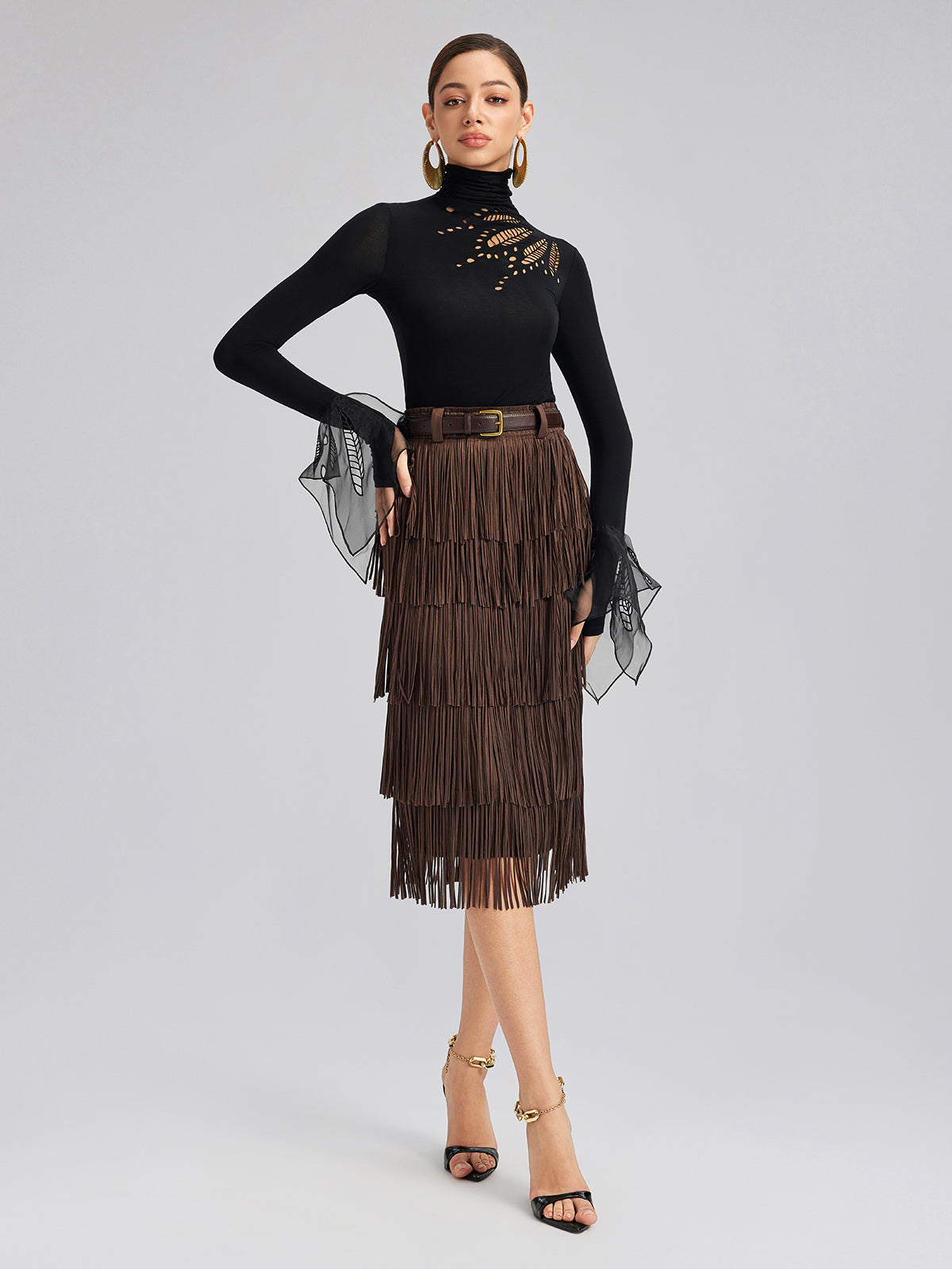 Cutout Stretch Mesh-Dotted Top