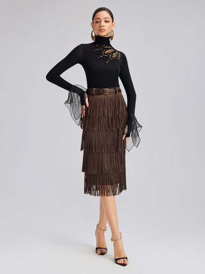 Cutout Stretch Mesh-Dotted Top