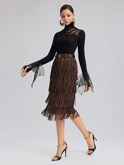 Cutout Stretch Mesh-Dotted Top