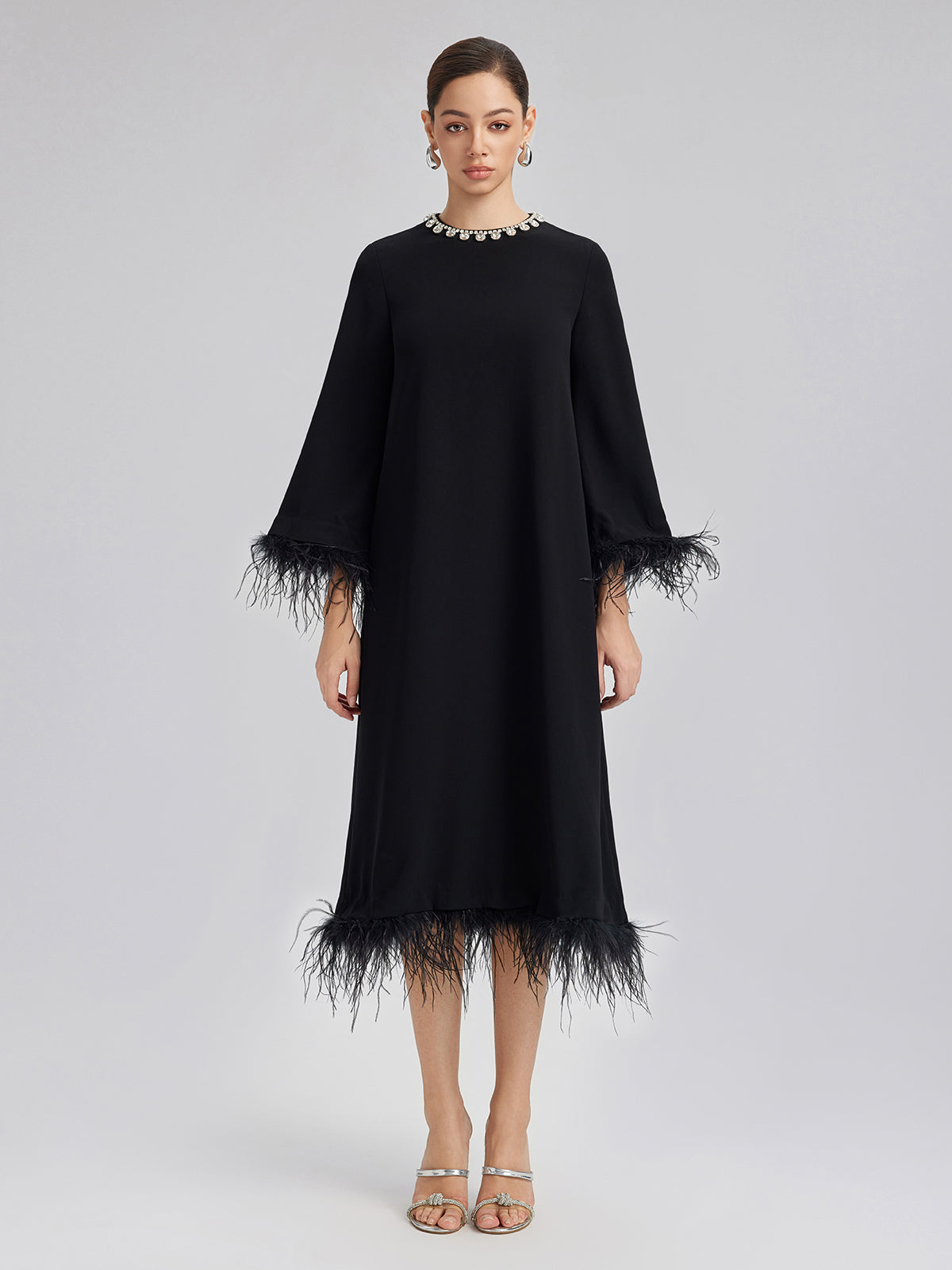 Luxurious Black Feather-Trimmed Dress