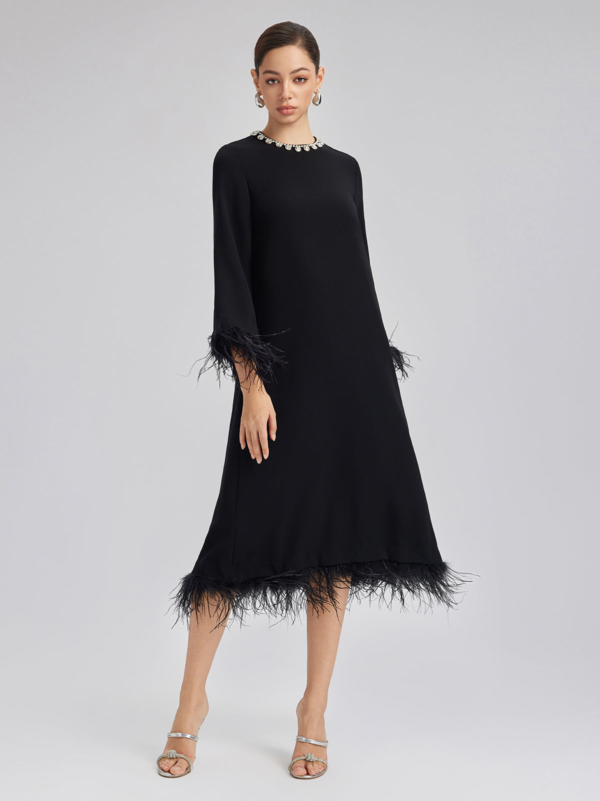 Luxurious Black Feather-Trimmed Dress, Black / 2XL