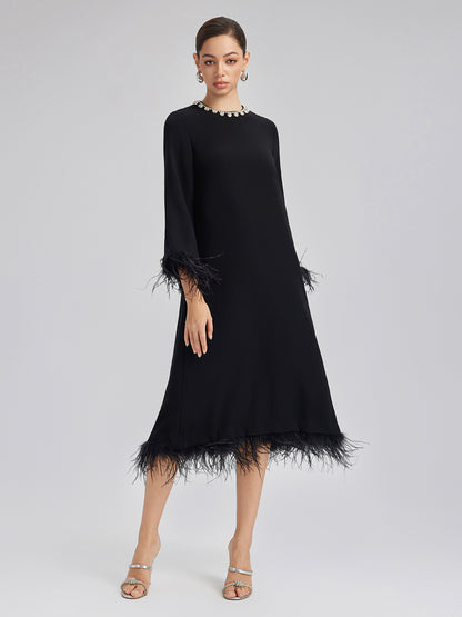 Luxurious Black Feather-Trimmed Dress