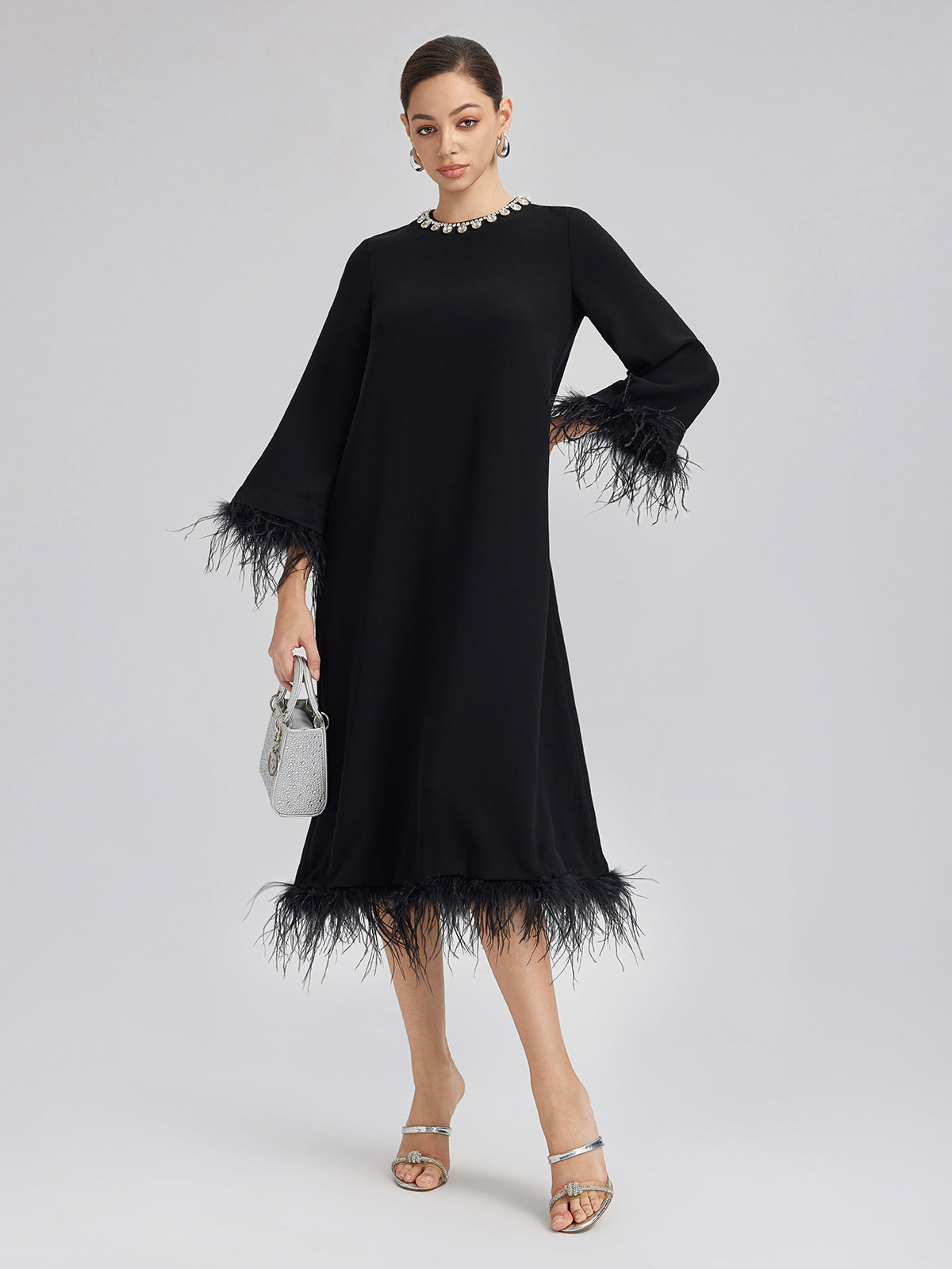 Luxurious Black Feather-Trimmed Dress