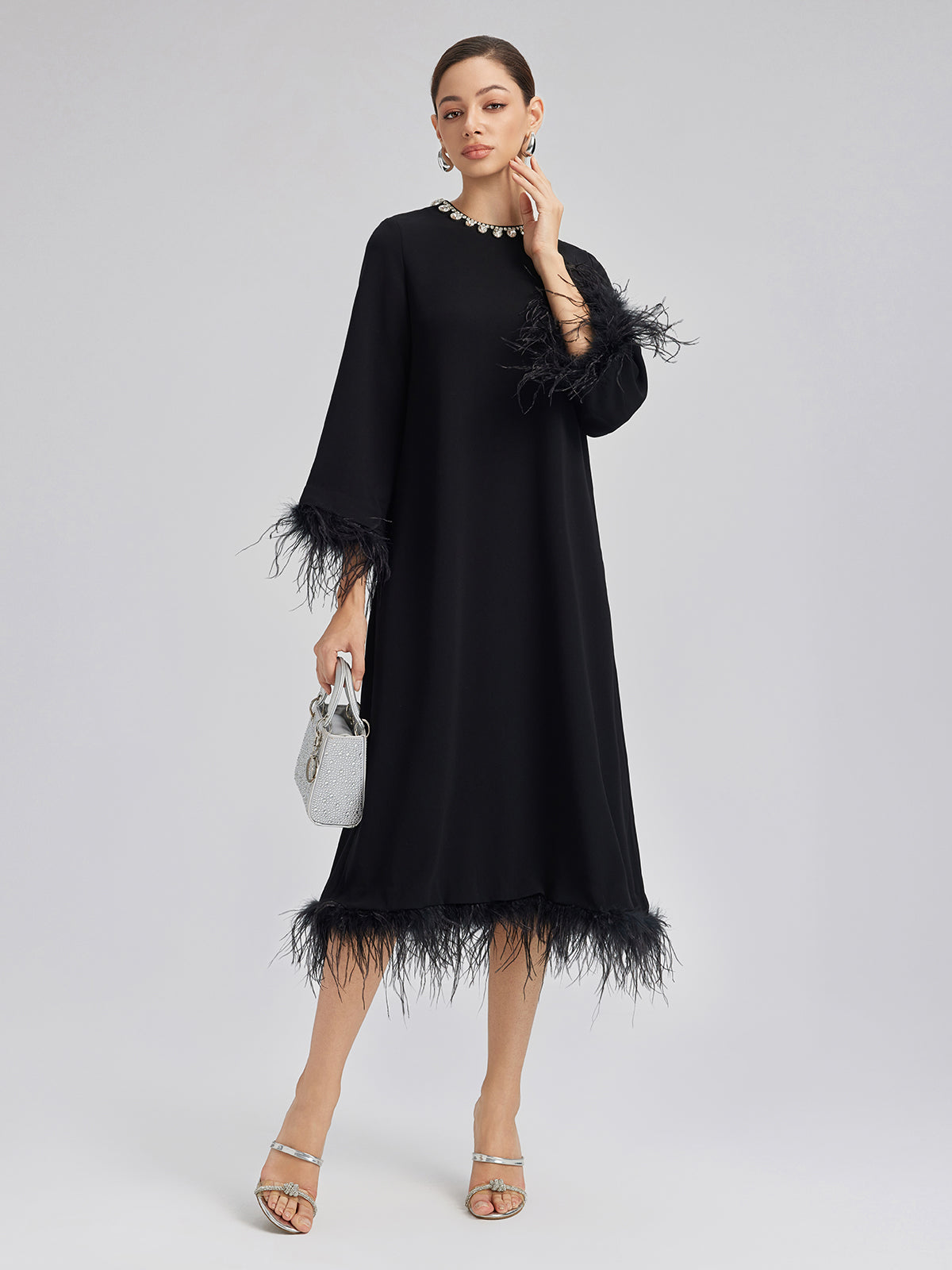 Luxurious Black Feather-Trimmed Dress