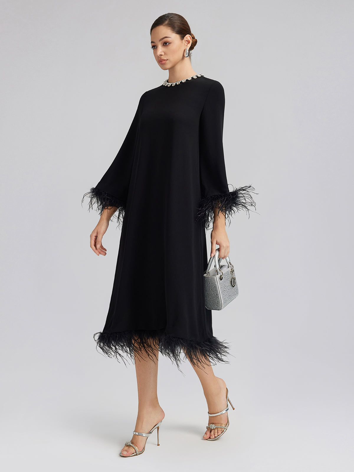 Luxurious Black Feather-Trimmed Dress