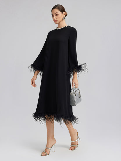 Luxurious Black Feather-Trimmed Dress