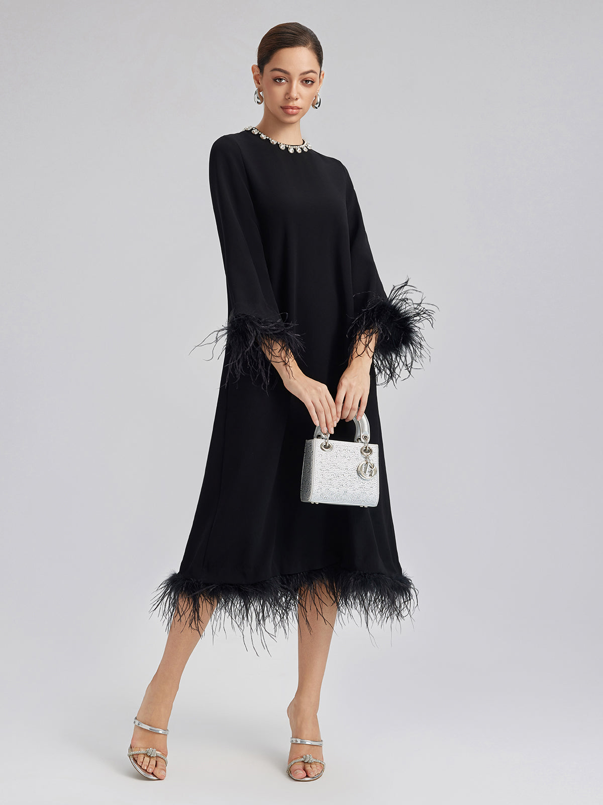 Luxurious Black Feather-Trimmed Dress, Black / 2XL