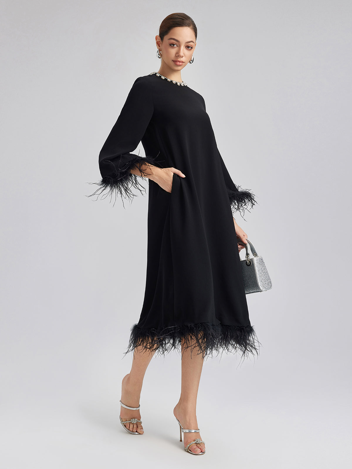 Luxurious Black Feather-Trimmed Dress