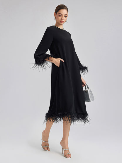 Luxurious Black Feather-Trimmed Dress
