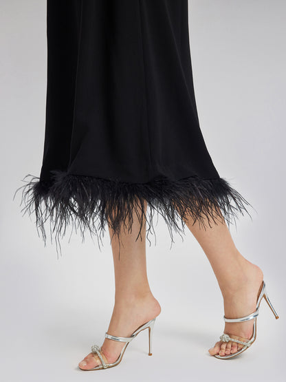 Luxurious Black Feather-Trimmed Dress