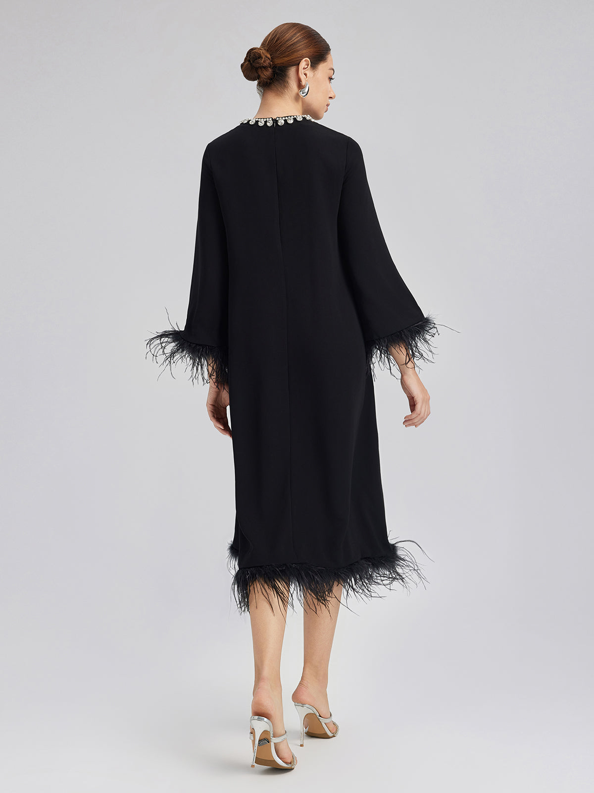 Luxurious Black Feather-Trimmed Dress