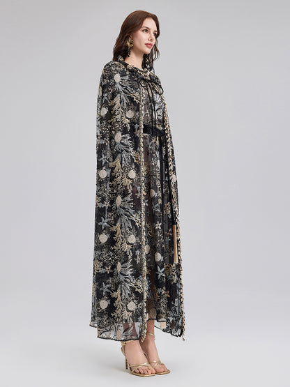 Ocean-Inspired Sequin Embroidered Cape Dress