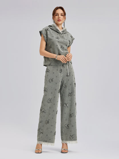 Garment Dyeing Beaded Denim Lace-Trim Pants