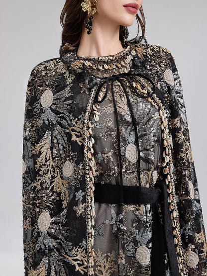 Ocean-Inspired Sequin Embroidered Cape Dress