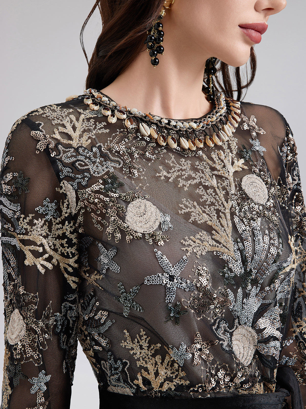 Ocean-Inspired Sequin Embroidered Cape Dress