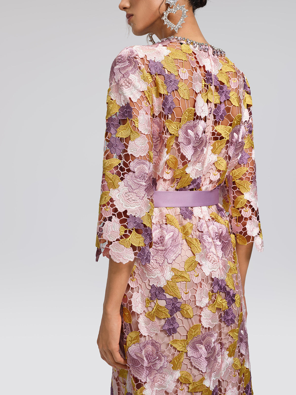 Embroidered Floral Lace Beaded Dress (Waist Tie & Slip Dress Included)