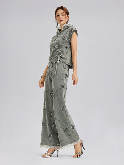 Garment Dyeing Beaded Denim Lace-Trim Pants