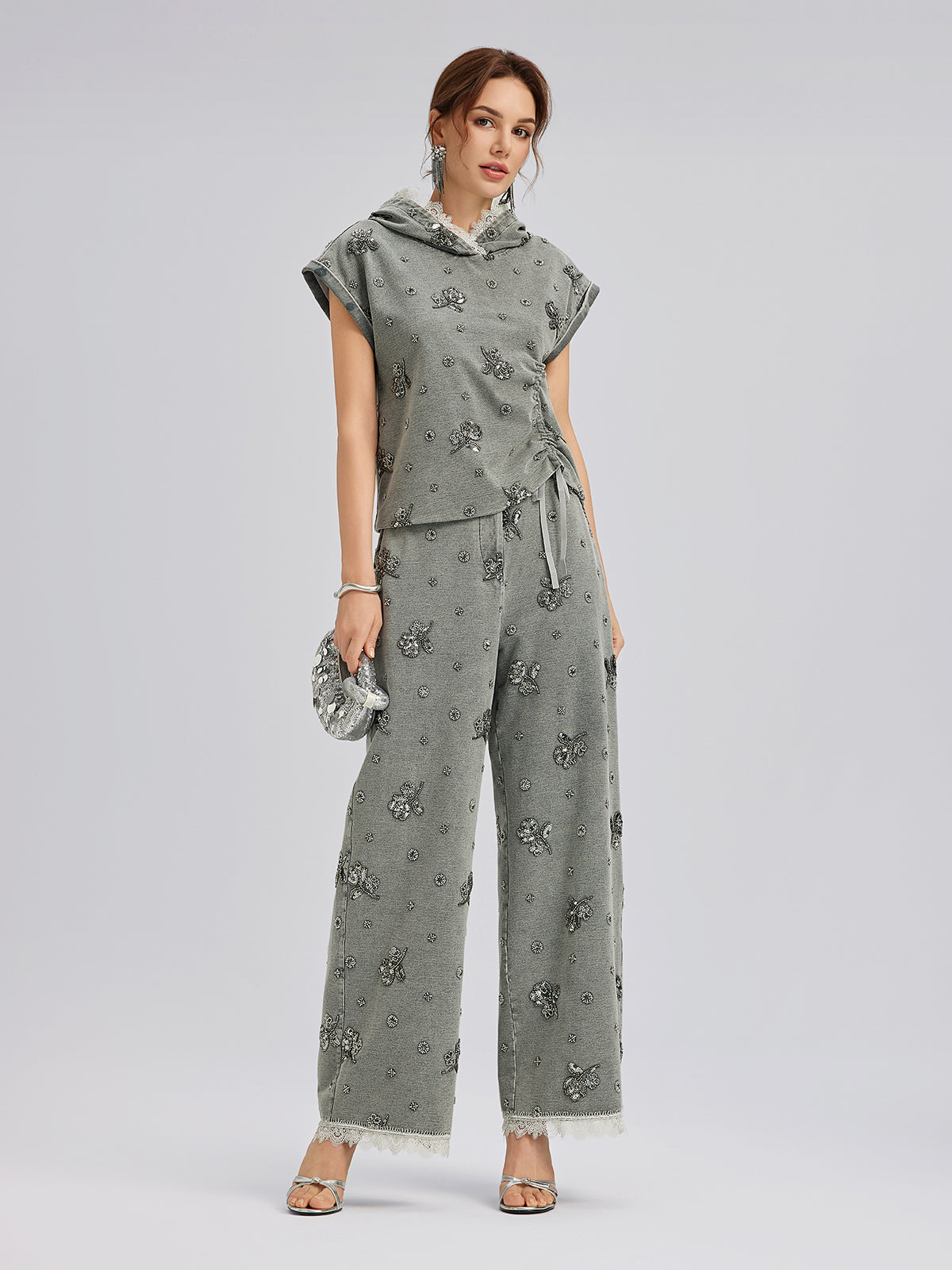 Garment Dyeing Beaded Denim Lace-Trim Pants