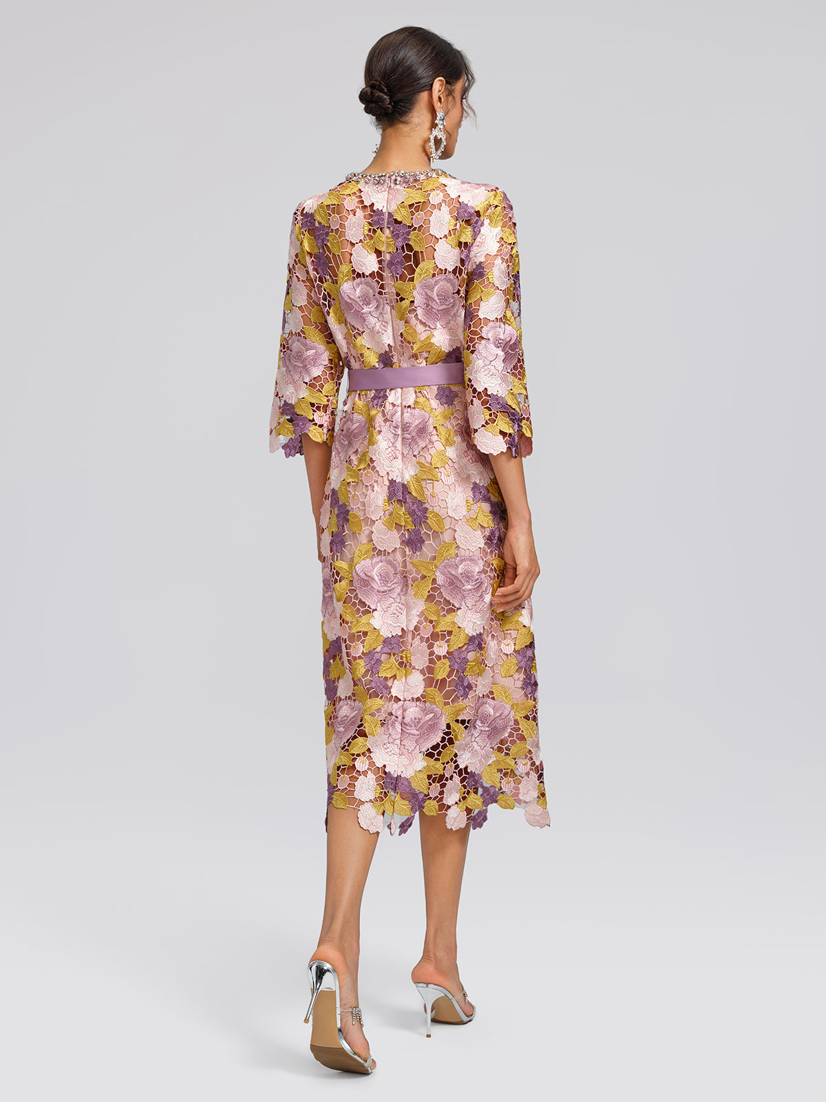 Embroidered Floral Lace Beaded Dress (Waist Tie & Slip Dress Included)
