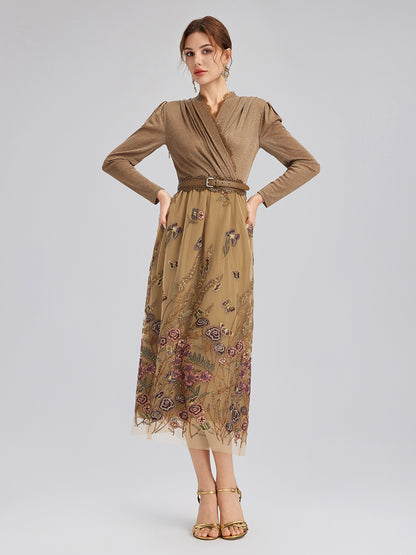 Knit & Tulle Embroidered Dress (Belt Included)