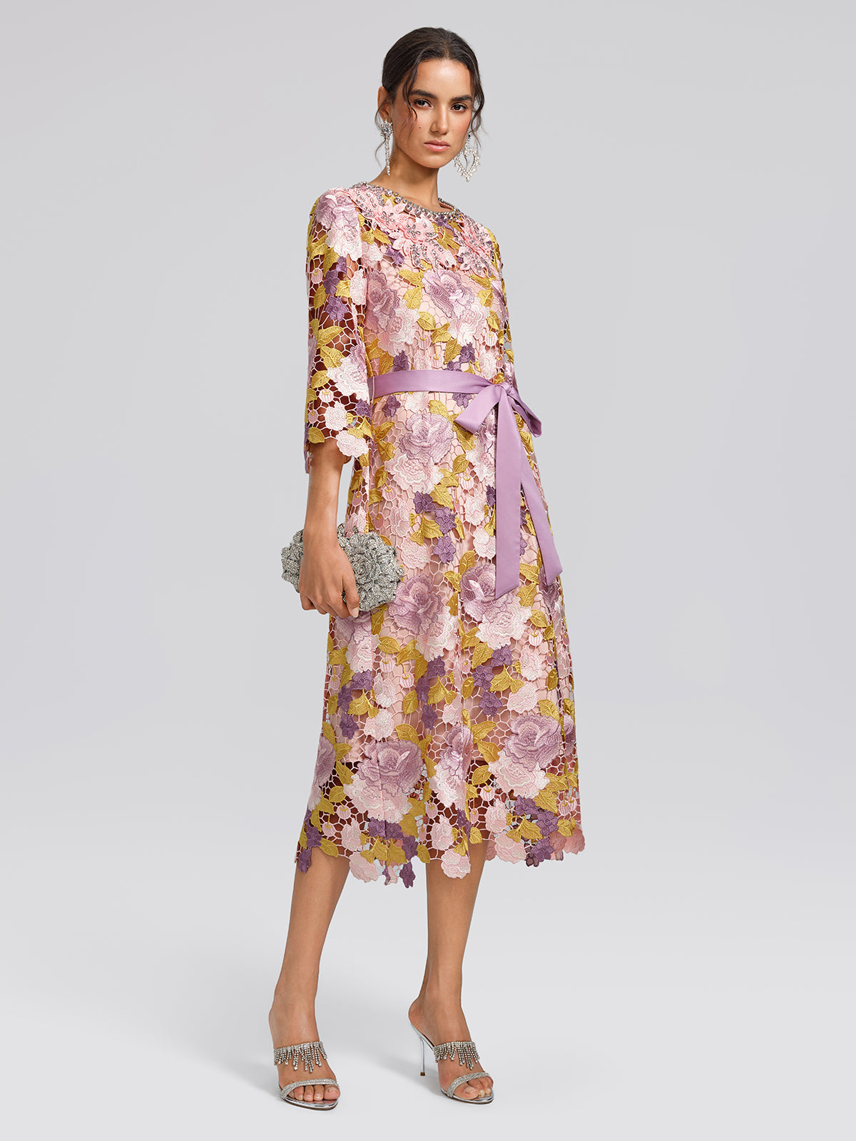 Embroidered Floral Lace Beaded Dress (Waist Tie & Slip Dress Included)