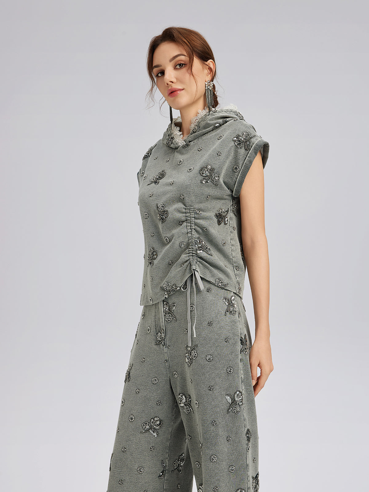 Garment Dyeing Beaded Denim Hoodie