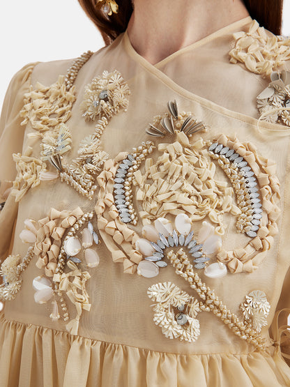 Gorgeous Handmade Embroidered Shell-bead Silk Blouse