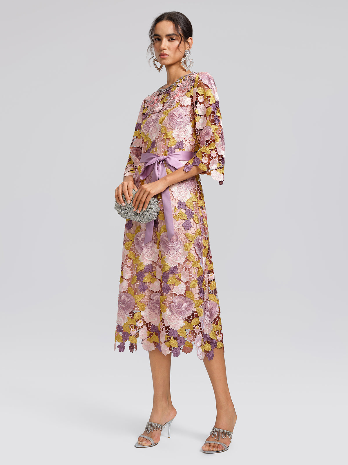 Embroidered Floral Lace Beaded Dress (Waist Tie & Slip Dress Included)