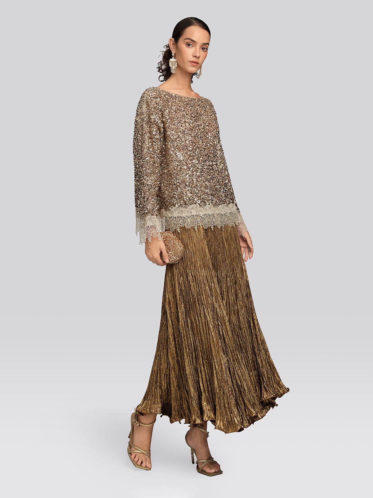 Golden Textured Pleated Mermaid Skirt