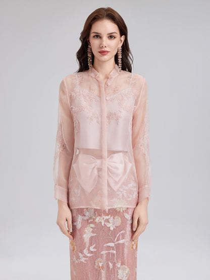 Silk Beaded Embroidered Stand Collar Blouse