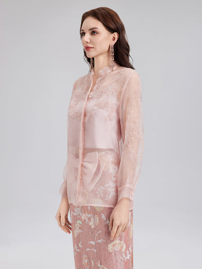 Silk Beaded Embroidered Stand Collar Blouse