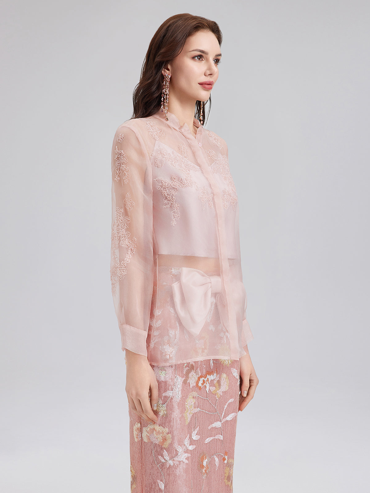 Silk Beaded Embroidered Stand Collar Blouse