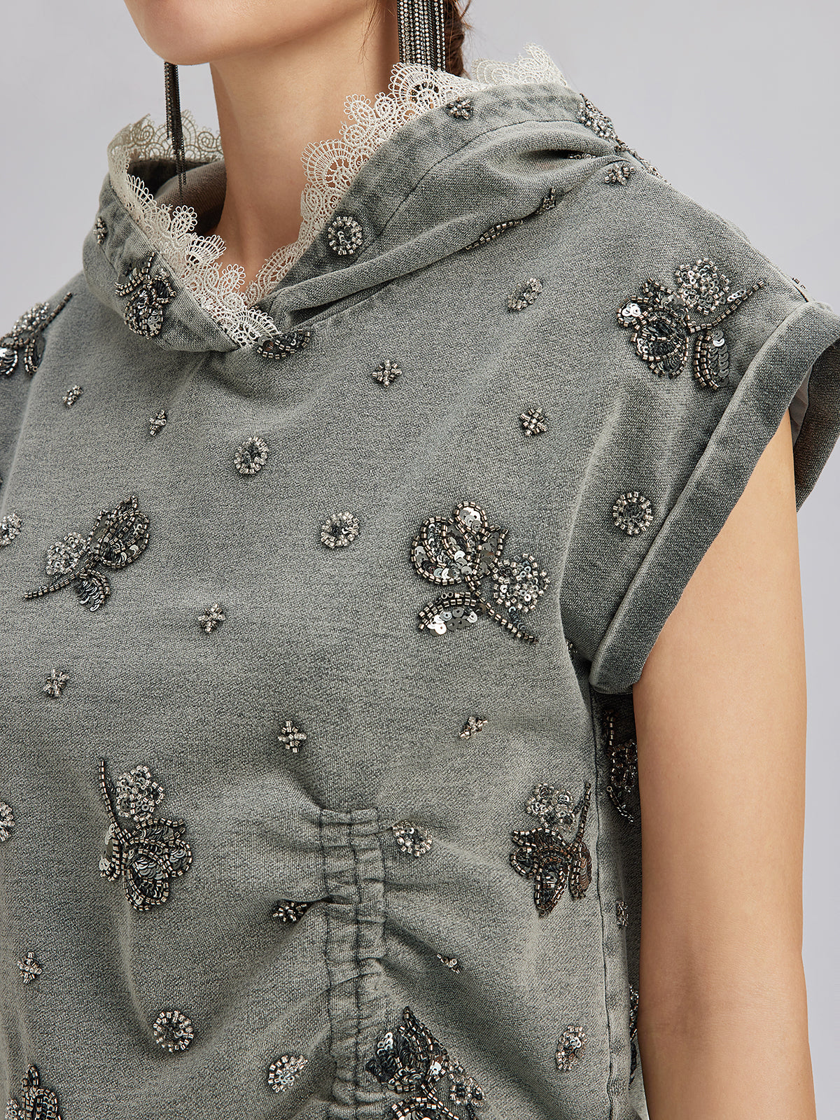 Garment Dyeing Beaded Denim Hoodie