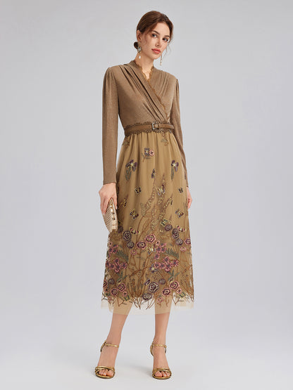 Knit & Tulle Embroidered Dress (Belt Included)