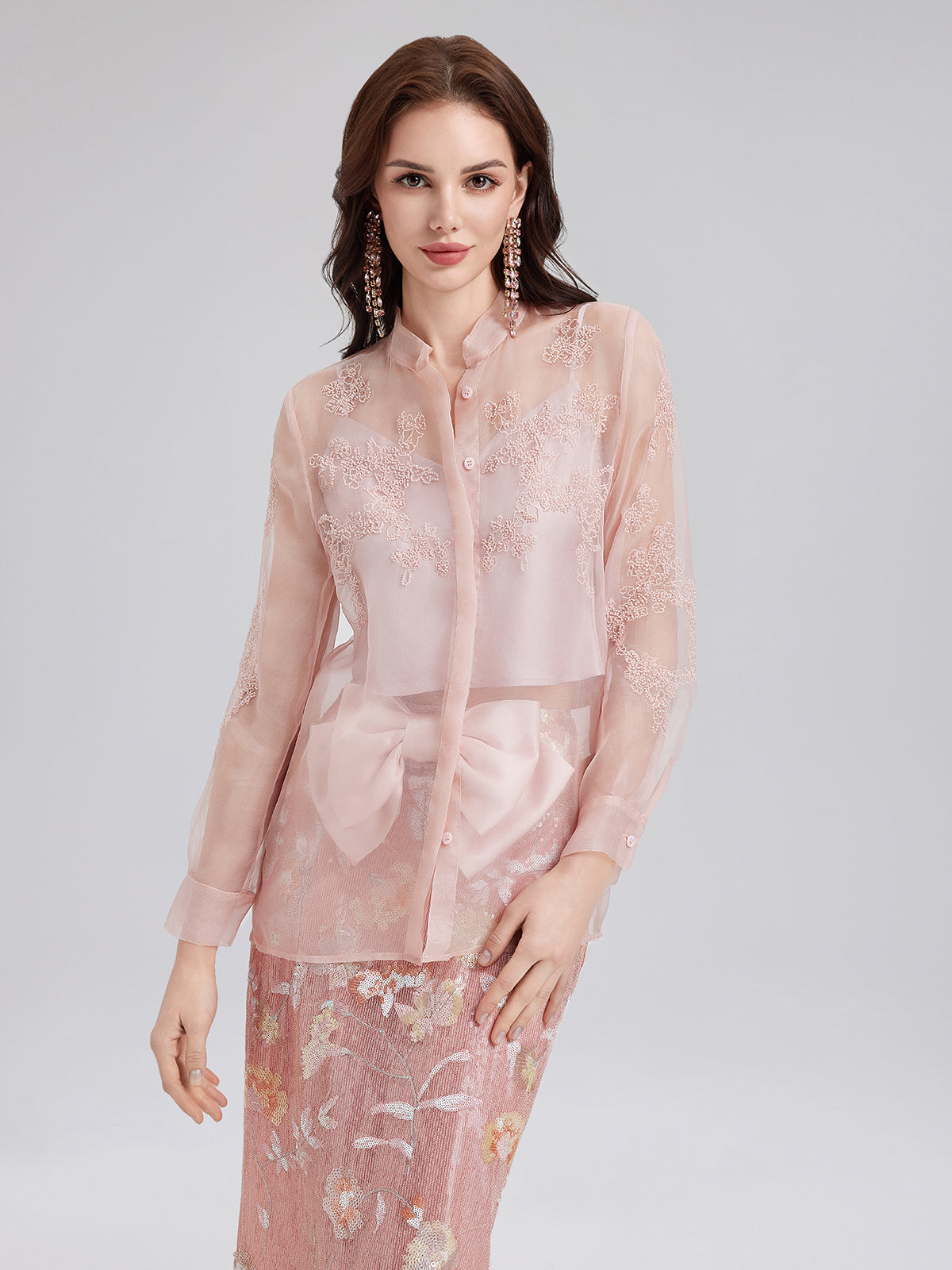 Silk Beaded Embroidered Stand Collar Blouse