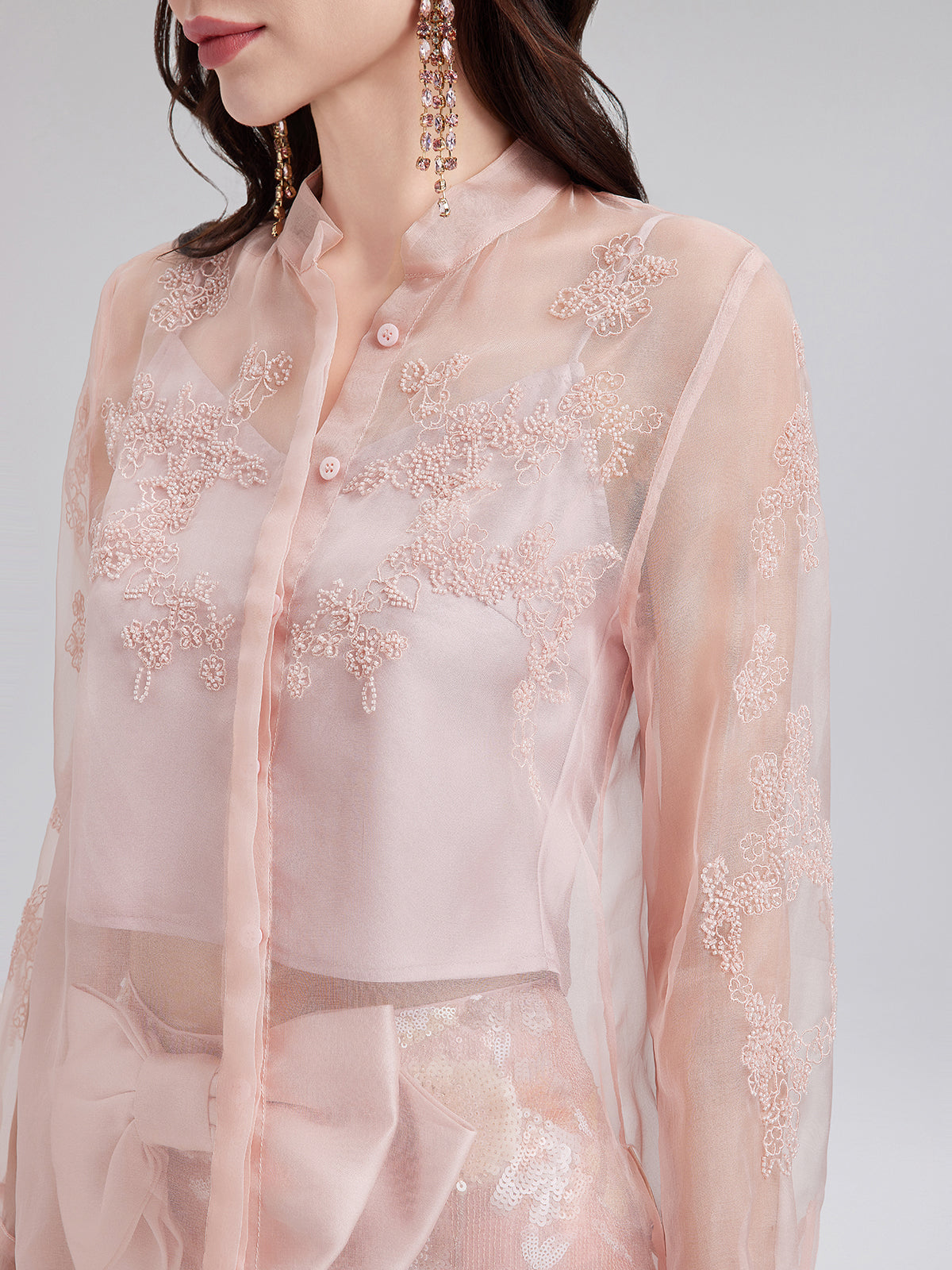 Silk Beaded Embroidered Stand Collar Blouse