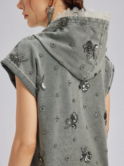 Garment Dyeing Beaded Denim Hoodie