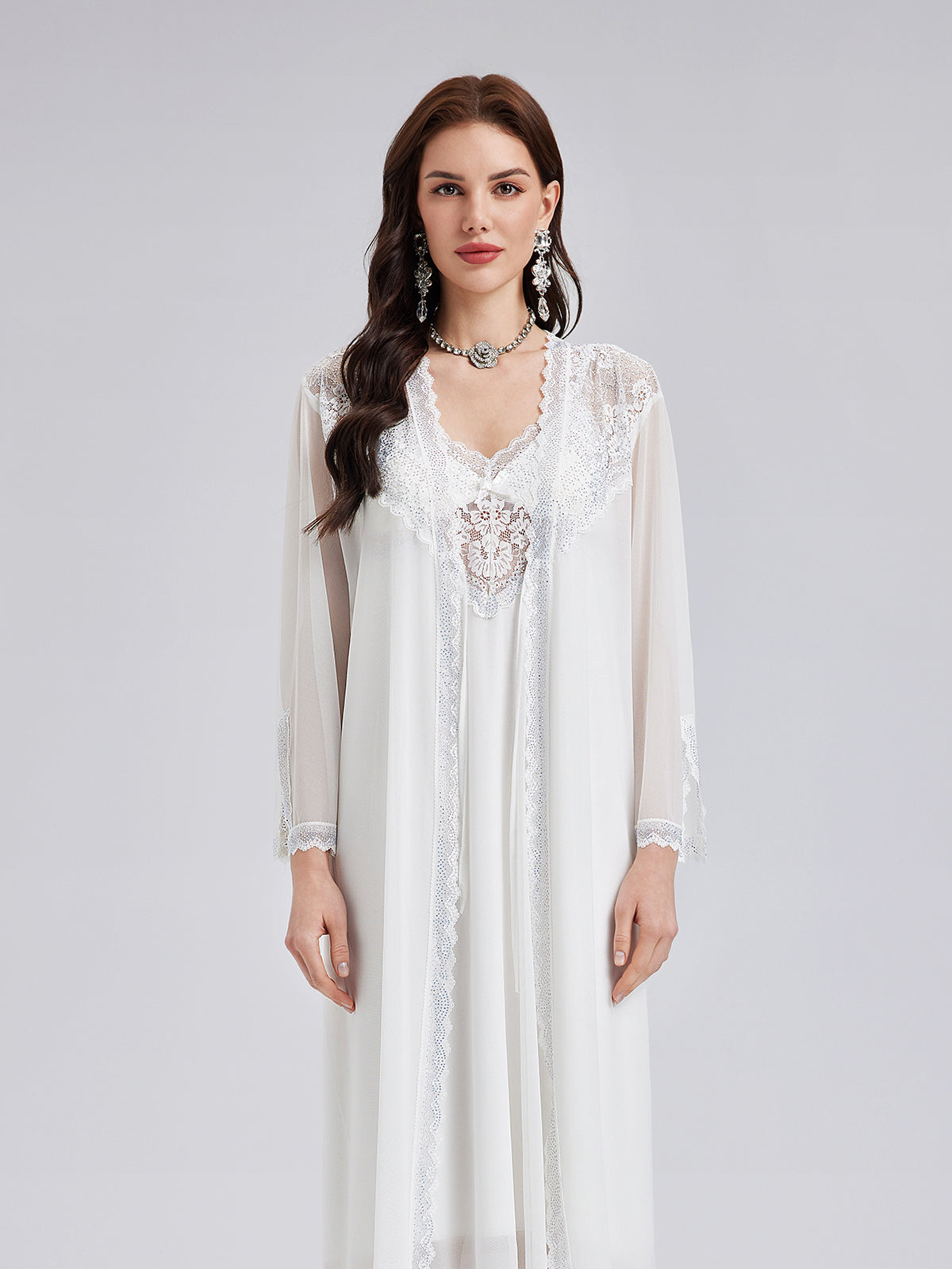 Lace-Trimmed Crystal Pajama Set