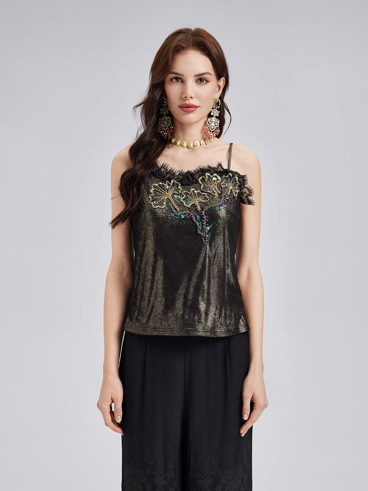 Metallic Knit & Lace Beaded Camisole