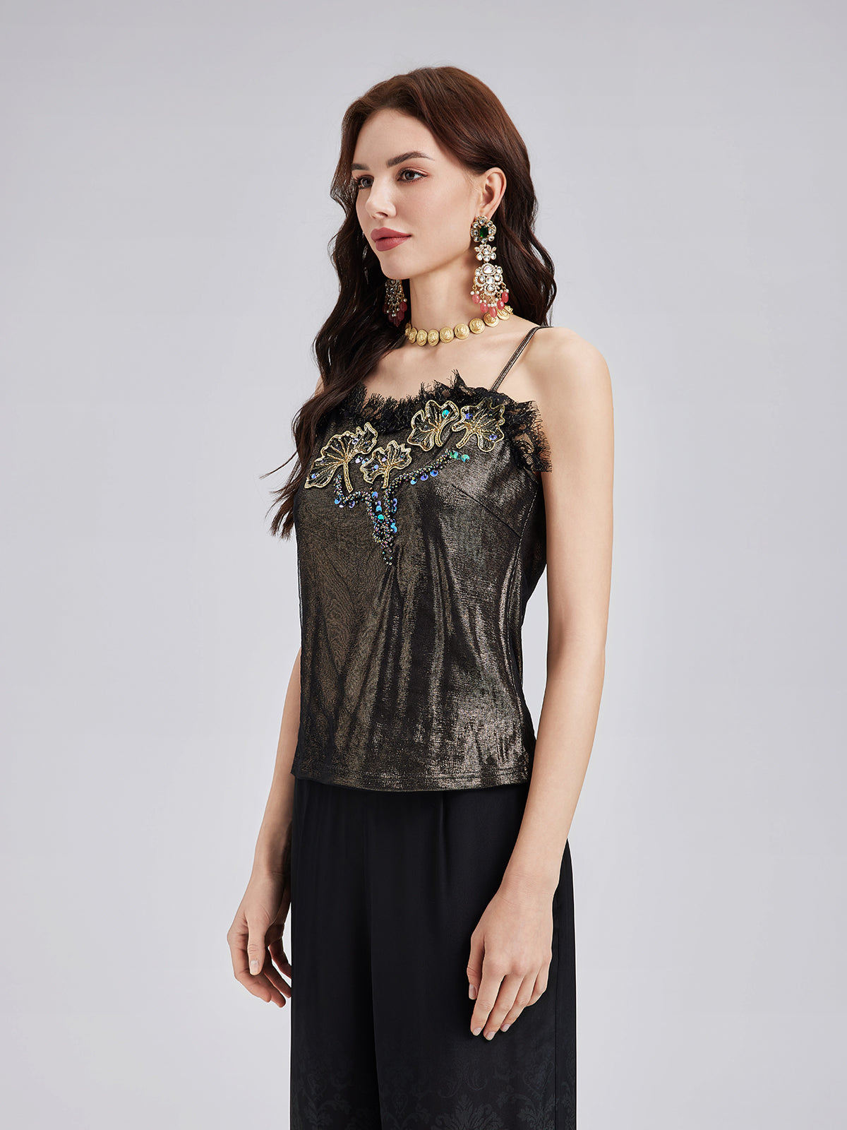 Metallic Knit & Lace Beaded Camisole