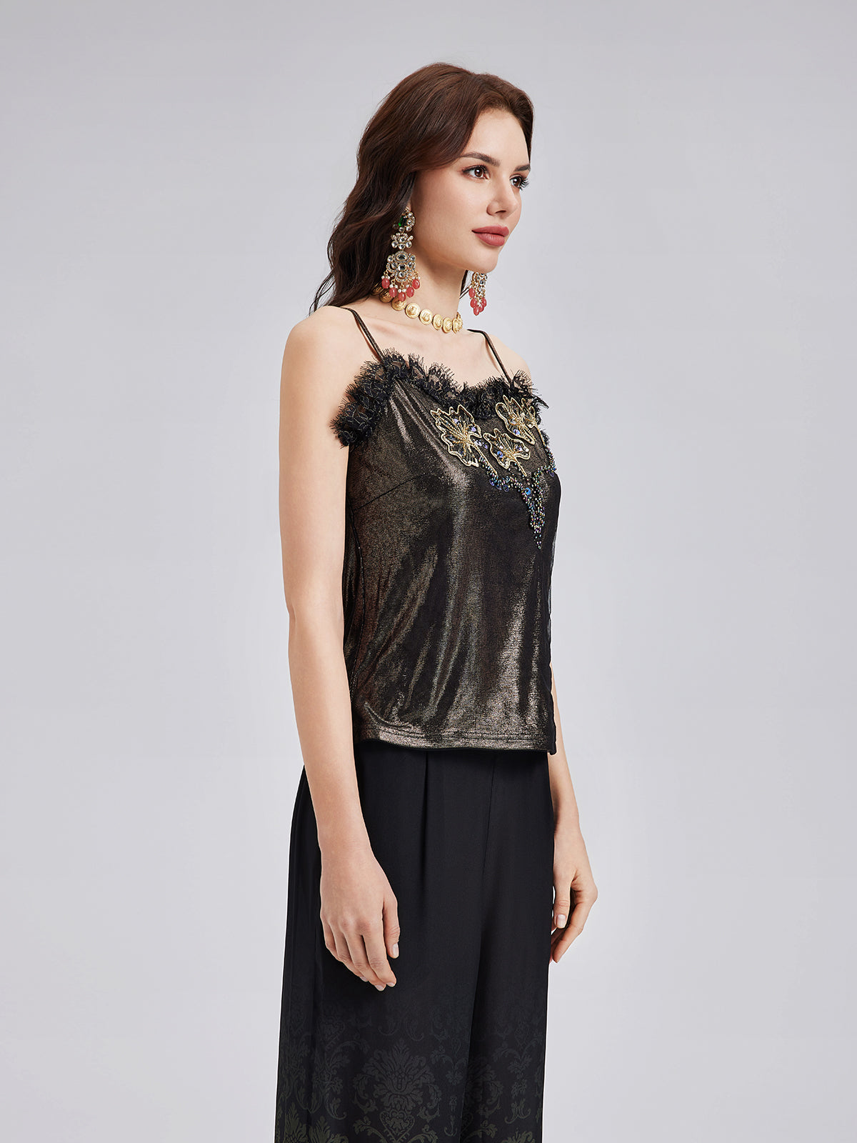 Metallic Knit & Lace Beaded Camisole