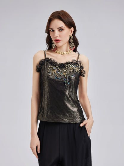 Metallic Knit & Lace Beaded Camisole