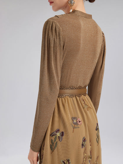 Knit & Tulle Embroidered Dress (Belt Included)