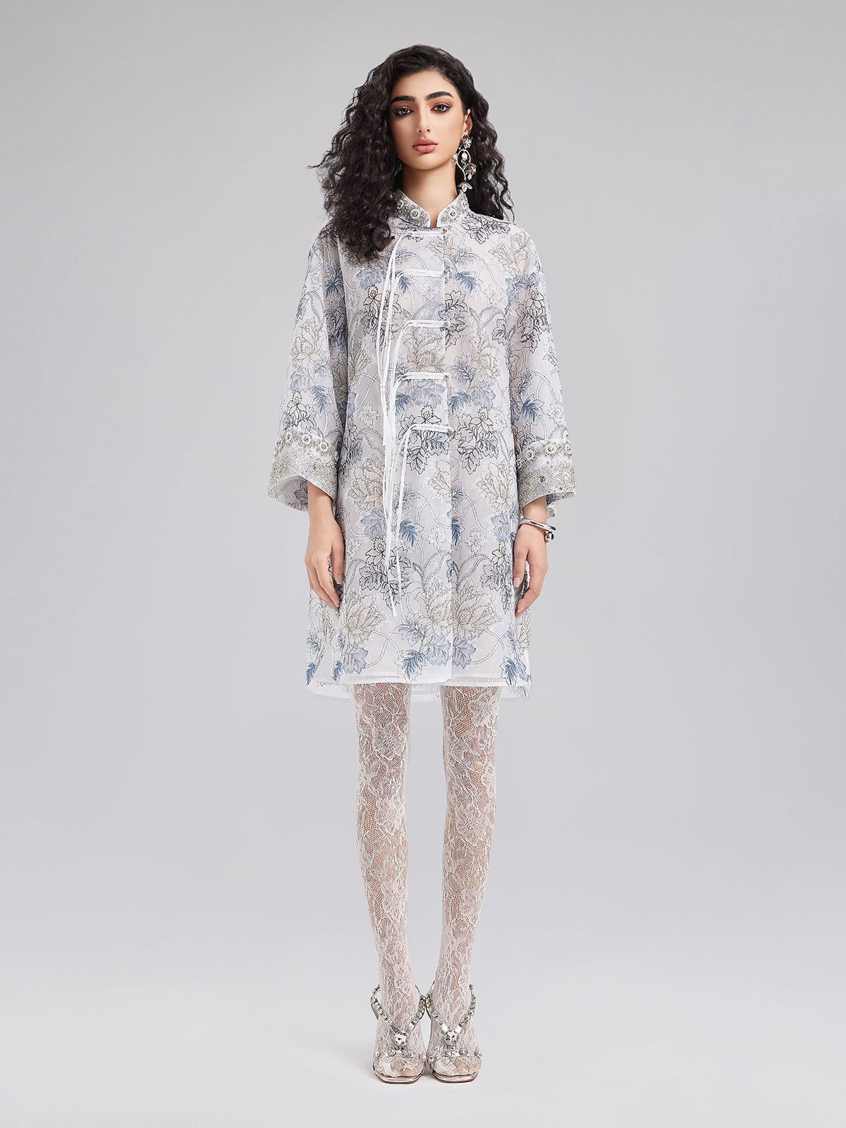 Neo Chinese Floral Print High-Collar Dress